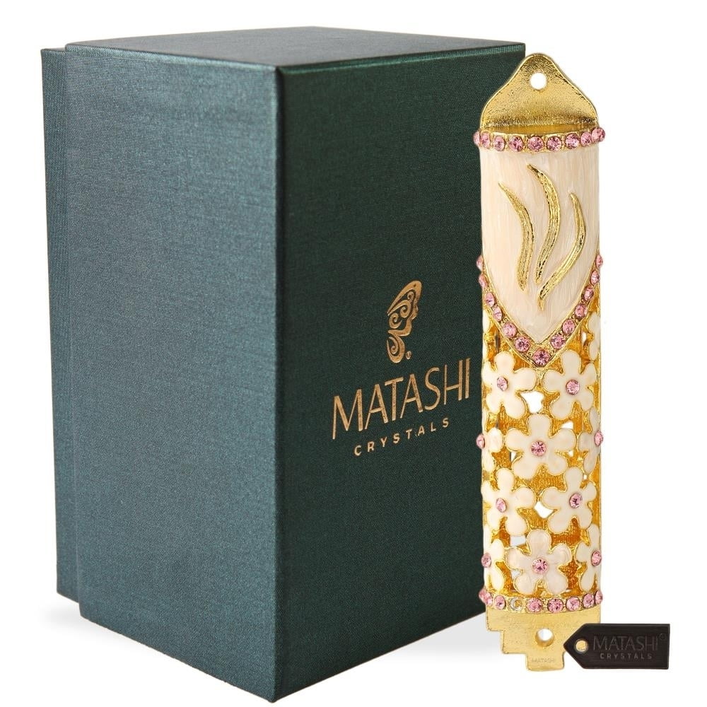 Hand Painted Enamel Mezuzah with Gold Accents and Purple Crystals J1783