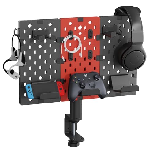 Modular Headphone and Controller Holder, Clamp-on Pegboard, Rotatable Controller Stand with Cable Hooks, 3Pcs Pegboard, Red E705903