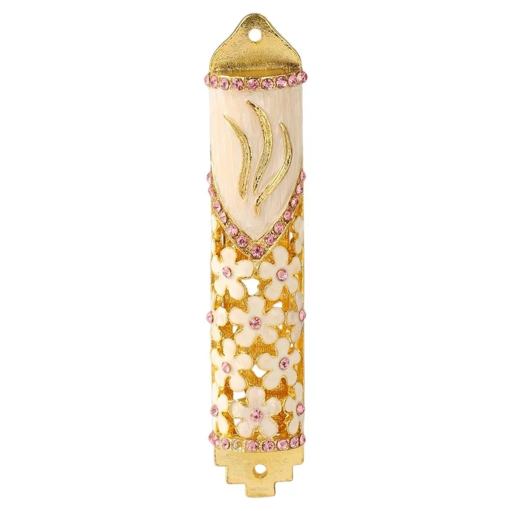 Hand Painted Enamel Mezuzah with Gold Accents and Purple Crystals J1783