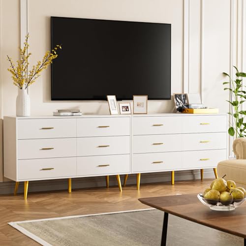 White 6 Drawer Wood Dresser with Gold Metal Handles F64601