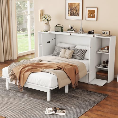 White Queen Size Wood Murphy Bed with Shelves and Storage Drawers U66402