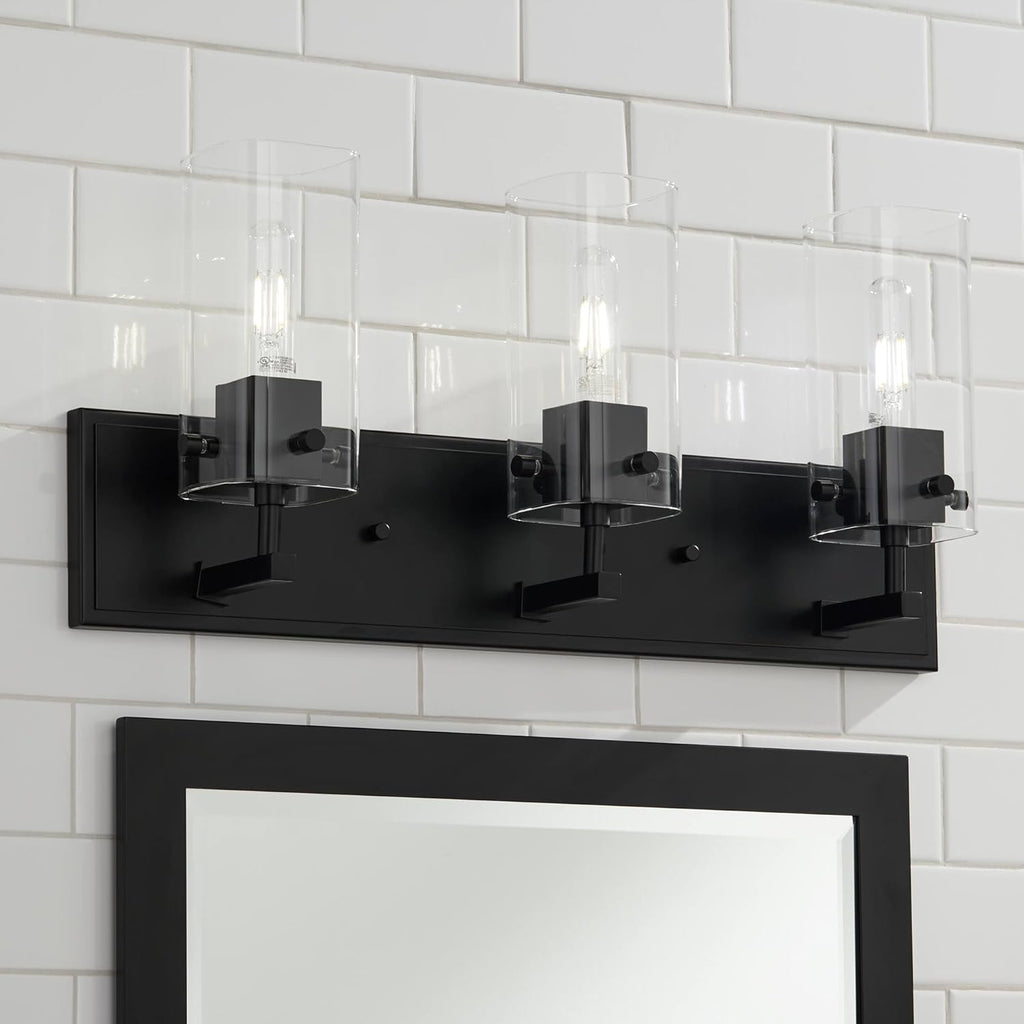Black Metal 3-Light Wall Fixture with Clear Glass Shade F53243
