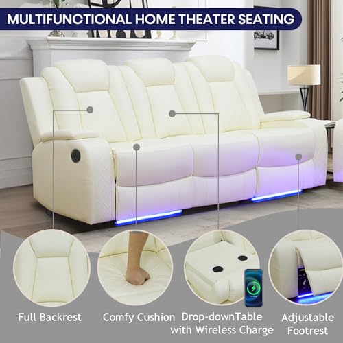 Black 3 Piece Leather Power Reclining Sofa Set with LED Lights V80650
