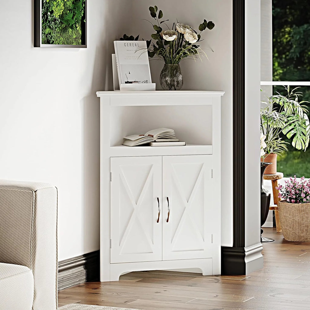 White Corner Storage Cabinet with Barn Door and Adjustable Shelf R4294