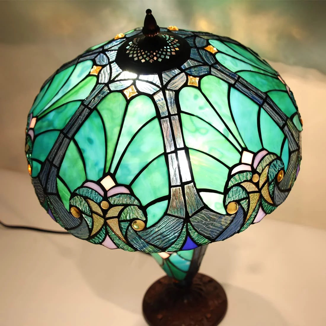 Tiffany Table Lamp 16" Wide Handmade Stained Glass Lamp Shade 3 Light Sea Green Z45724
