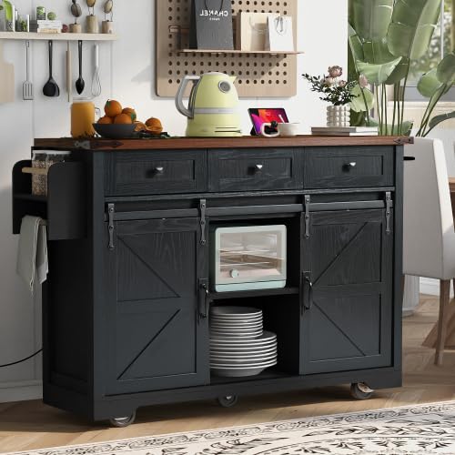 Black Farmhouse Kitchen Island with Power Outlet, 2 Sliding Barn Door, Drop Leaf, Spice Rack, Rolling Cart on Wheels E397