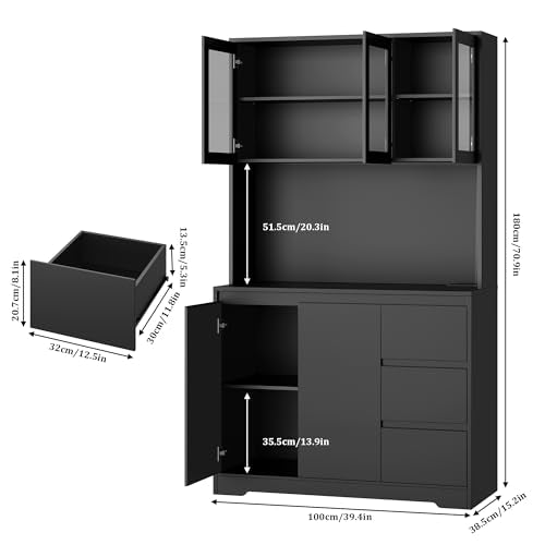 Black 71" Kitchen Pantry Cabinet with LED Lights and Charging Station R267550