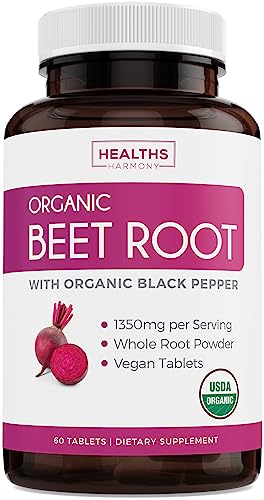 Organic Beet Root Powder 120 Tablets 1350mg Beets Per Serving with Black Pepper Z53654