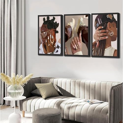 3Pcs Framed Canvas Wall Art Black Girl Wall Decor Posters Prints Paintings A31149