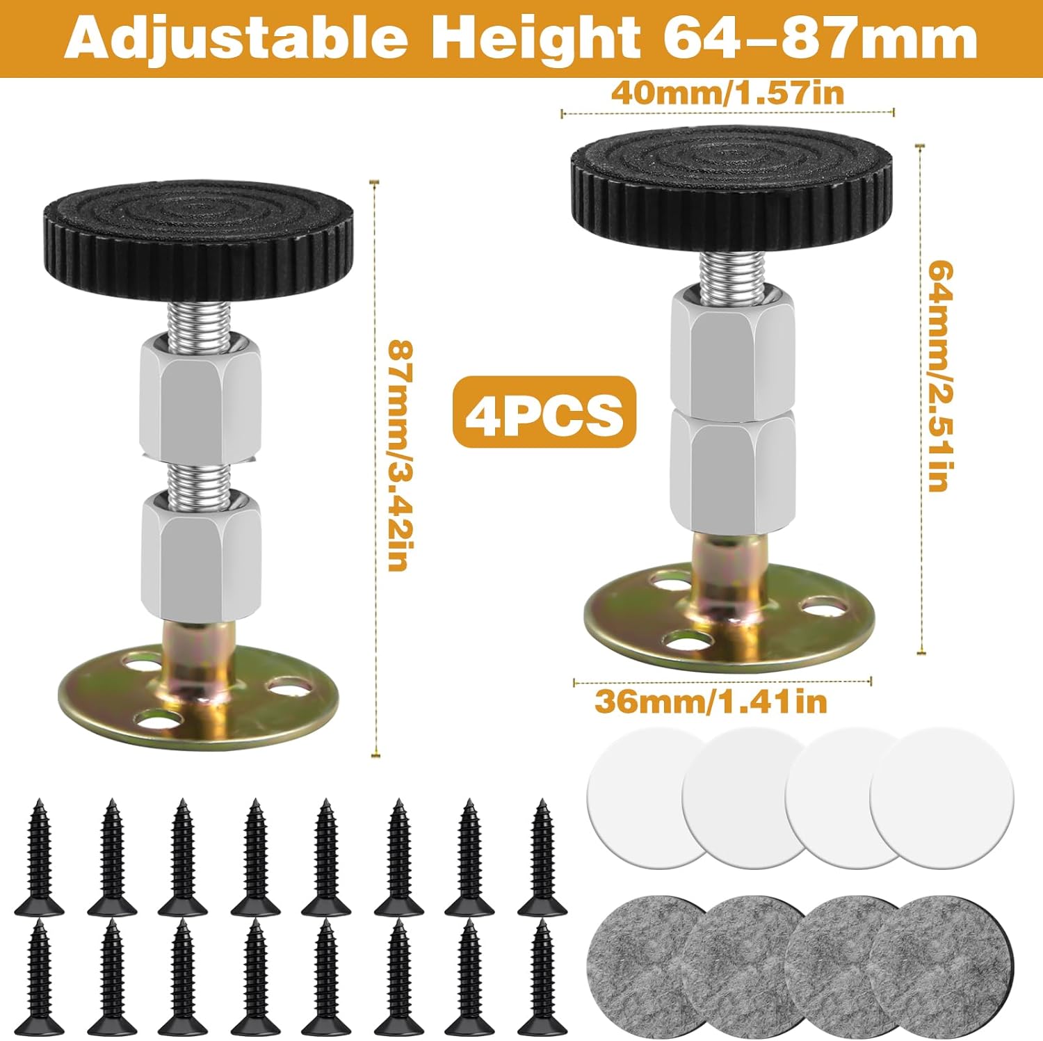 4 Pcs Adjustable Furniture Legs with 16 Thread, 64-87mm S290