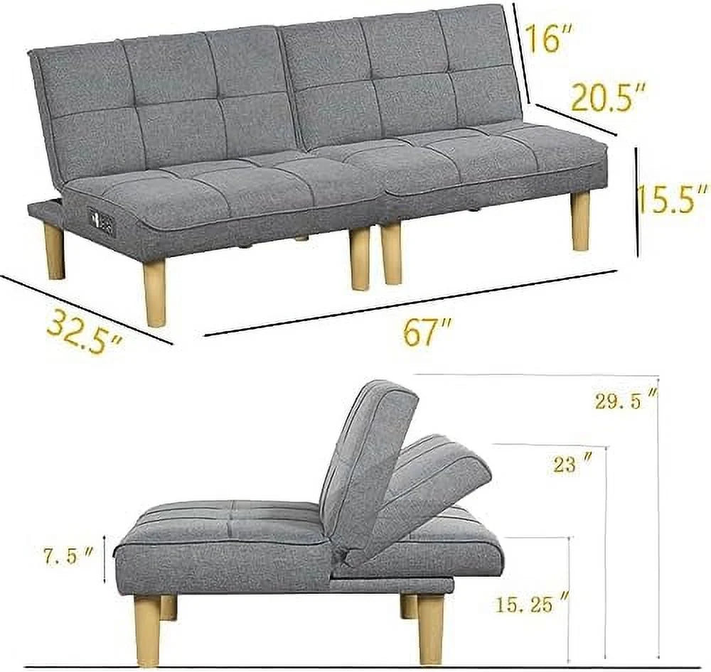 Comfy Convertible 2 Seater Futon Sofa Couch with USB Port Armless Adjustable Backrest K1527