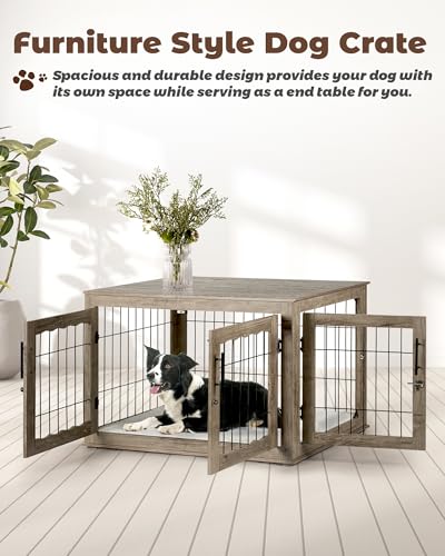 Greige Wooden Dog Crate with Bed Mat I7586