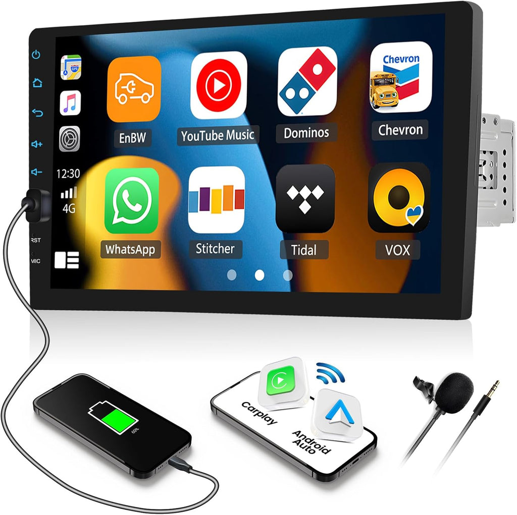 9 Inch Touchscreen Single Din Car Stereo with Wireless Carplay Android Auto Bluetooth FM EQ Backup Camera Car MP5 Player with Steering Wheel Control 7 Color Light MIC J7883