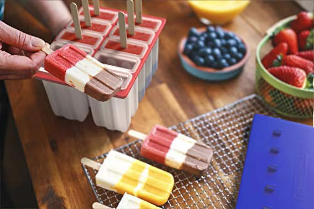 10 Large BPA Free Plastic Popsicle Mold Kit with 50 Wood Sticks and Cleaning Brush D90994