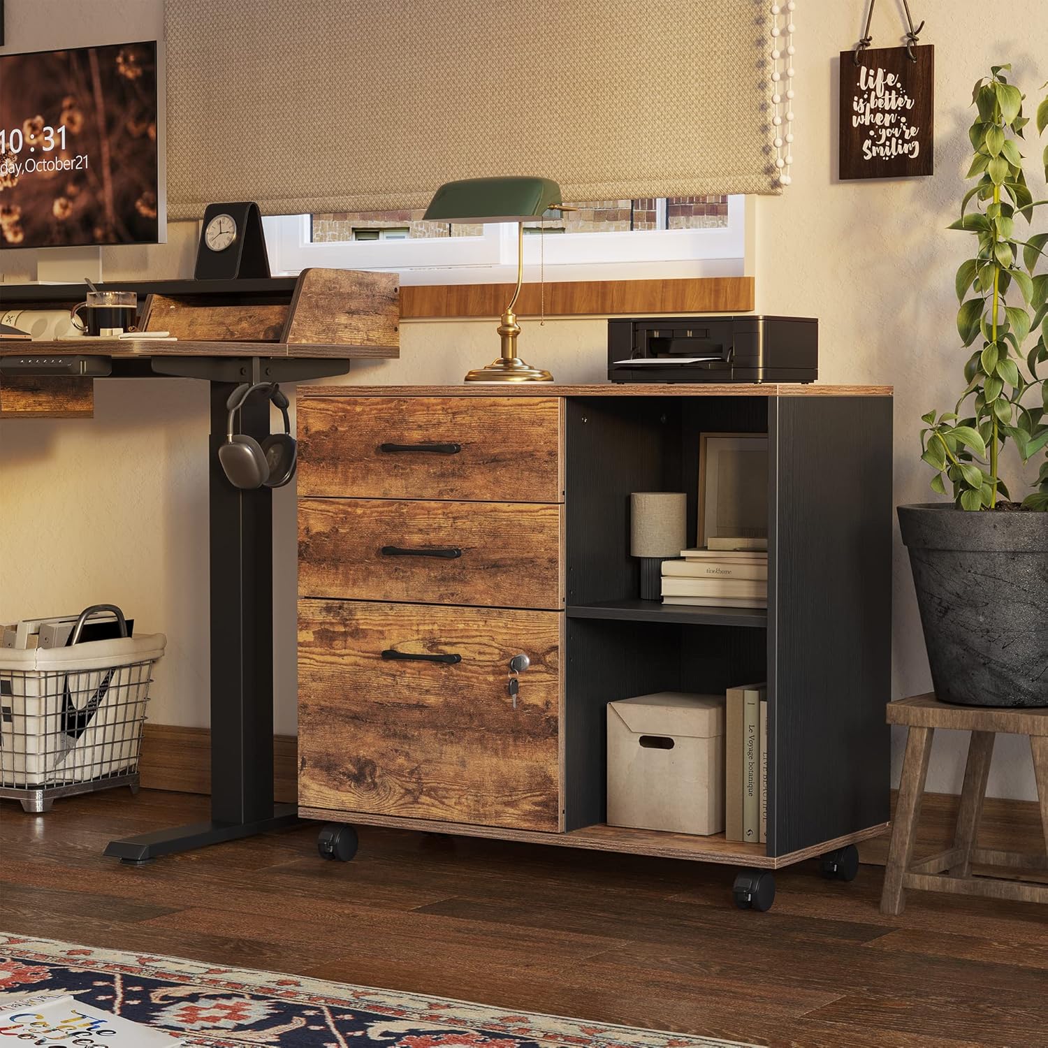 Triple Motor L-Shaped Electric Standing Desk with 3 Drawers, 63 x 24 Inches Rustic Brown Top/Black Frame G474