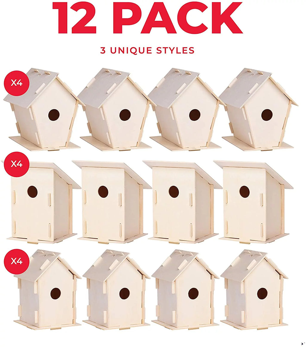 12 Wooden Birdhouse Crafts for Kids with Paint Strips, Paintbrushes & Stickers K97965