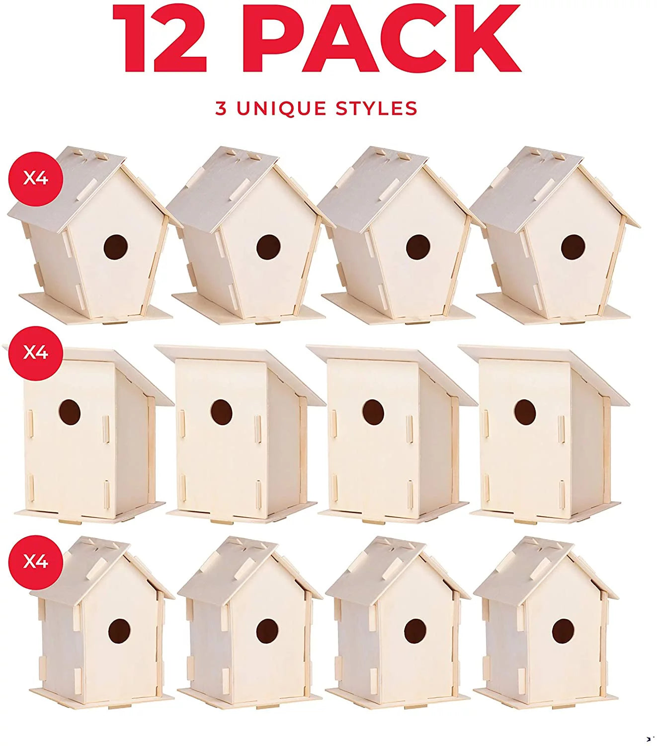 12 Wooden Birdhouse Crafts for Kids with Paint Strips, Paintbrushes & Stickers K97965