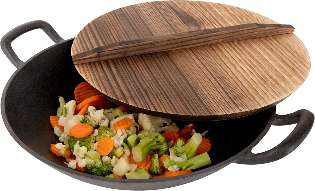 Pre-Seasoned Cast Iron Wok with Wooden Lid 14 Inches Nonstick Deep Frying Pan P1176