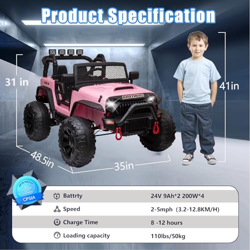 24V Electric Cars Vehicles Toys for Kids -2 Seater, 4x200W Powerful Wheels 4WD Ride on Truck Kids with 3 Speed Remote Control Spring Suspension, Bluetooth, MP3 Music, Soft Brake (Hot Pink) F15319
