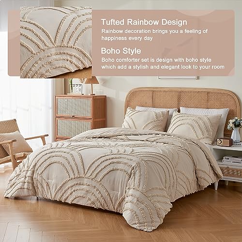 Twin XL Beige Tufted Rainbow Microfiber Comforter Set with 1 Pillowcase F9086