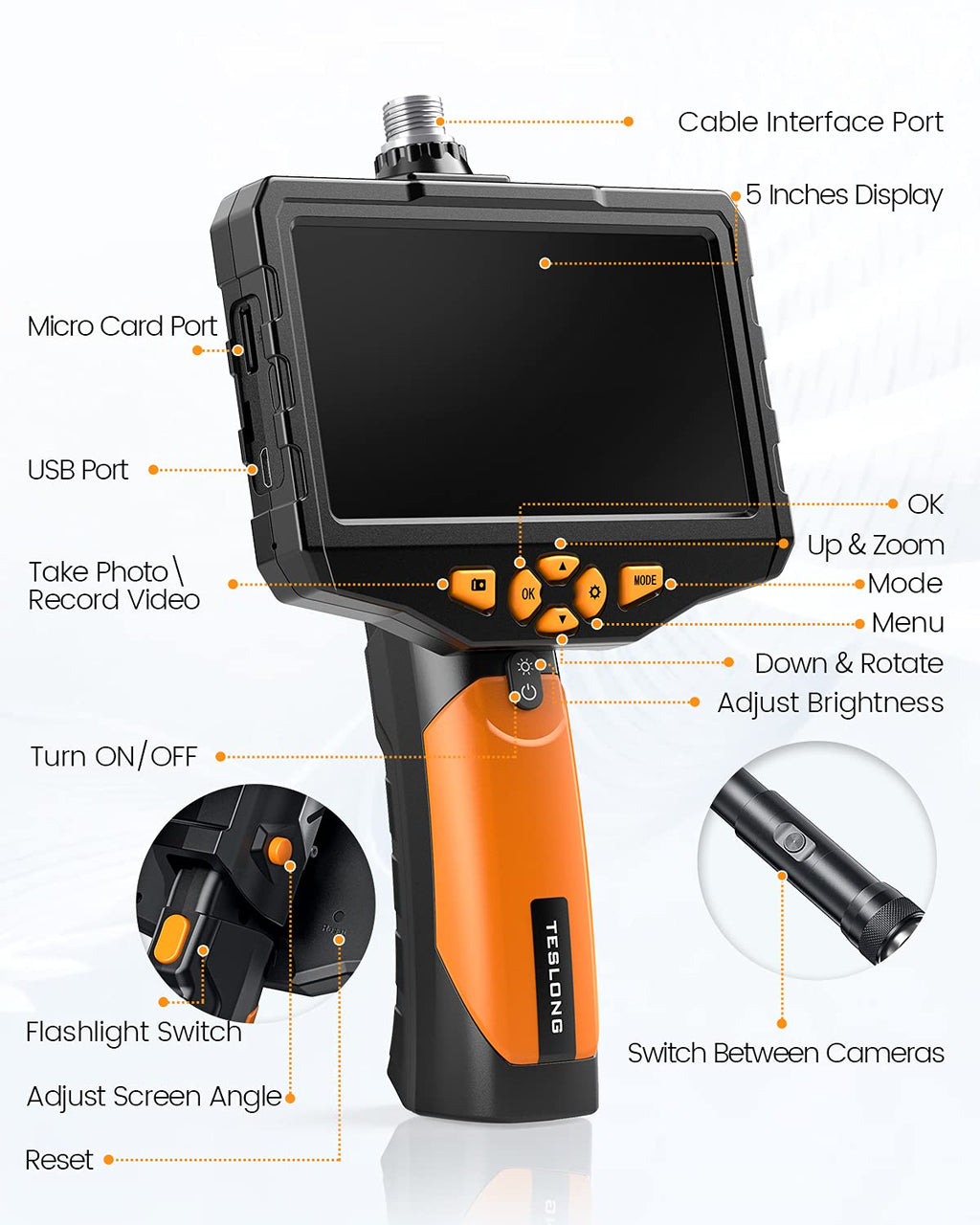 Dual Lens Inspection Camera with Light, 5 IPS Screen, 16.4ft Flexible Probe, 1080p T601041