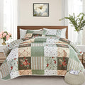 Full/Queen Size 3 Pieces Green Floral Plaid Microfiber Reversible Quilt Set A114