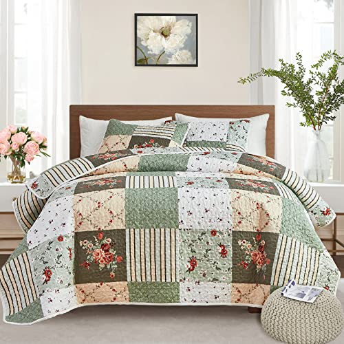 Full/Queen Size 3 Pieces Green Floral Plaid Microfiber Reversible Quilt Set A114