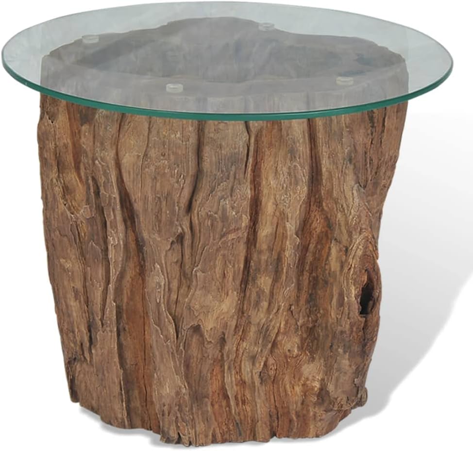 Teak Tree Stump Coffee Table with Tempered Glass Top P15897