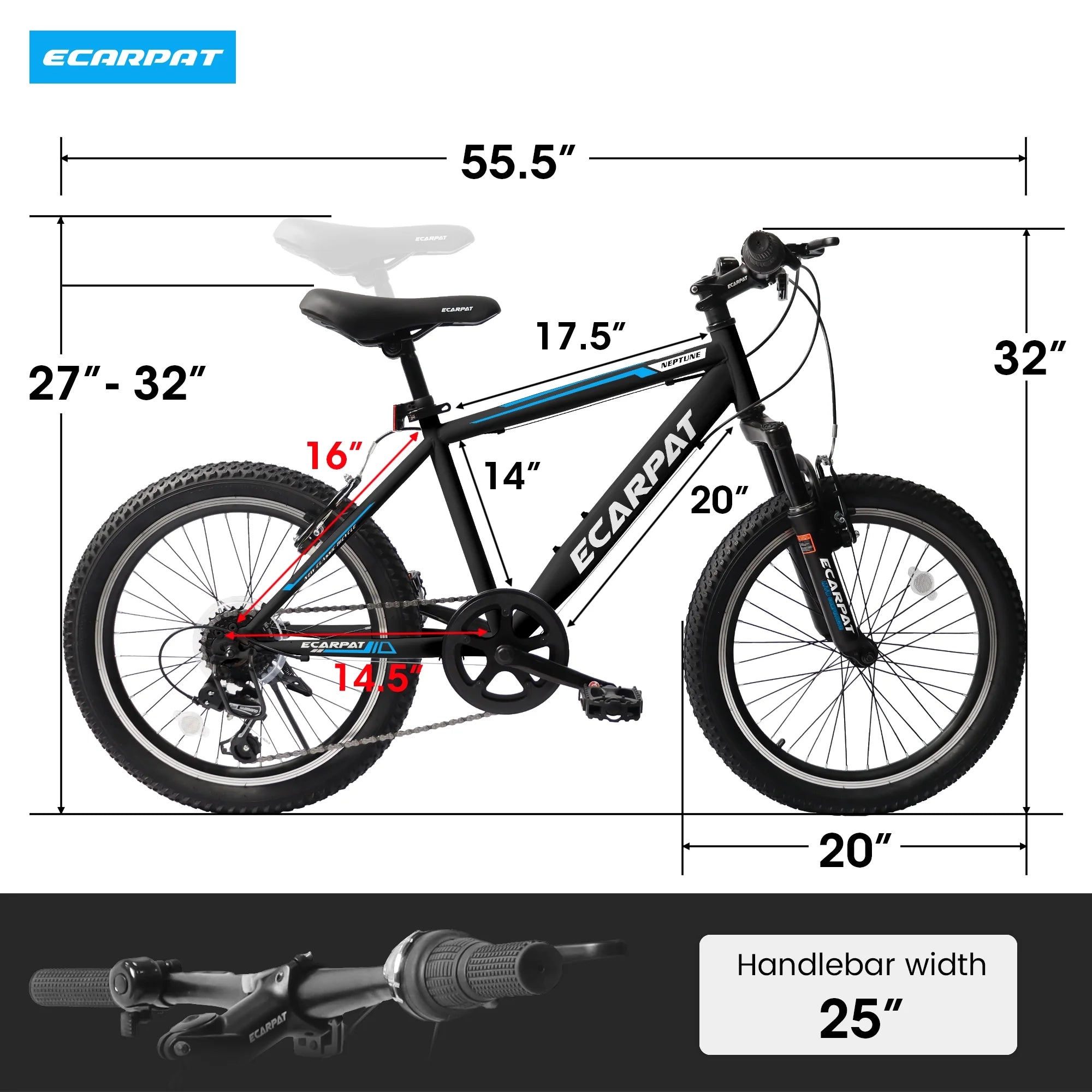 20 Inch Kids Mountain Bike, 7 Speed, Disc Brakes, Fat Tire, Black U84810
