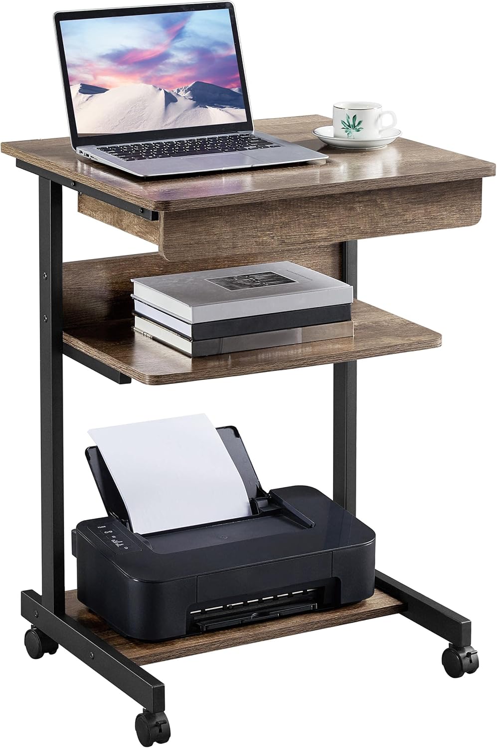 Mobile Compact Computer Desk Cart with Drawers and Printer Shelf on Wheels C75645
