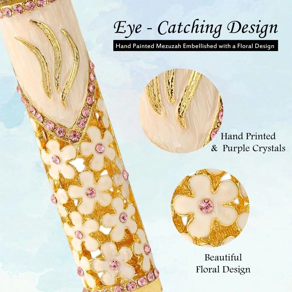 Hand Painted Enamel Mezuzah with Gold Accents and Purple Crystals J1783