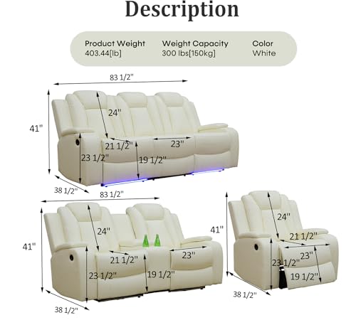 Black 3 Piece Leather Power Reclining Sofa Set with LED Lights V80650