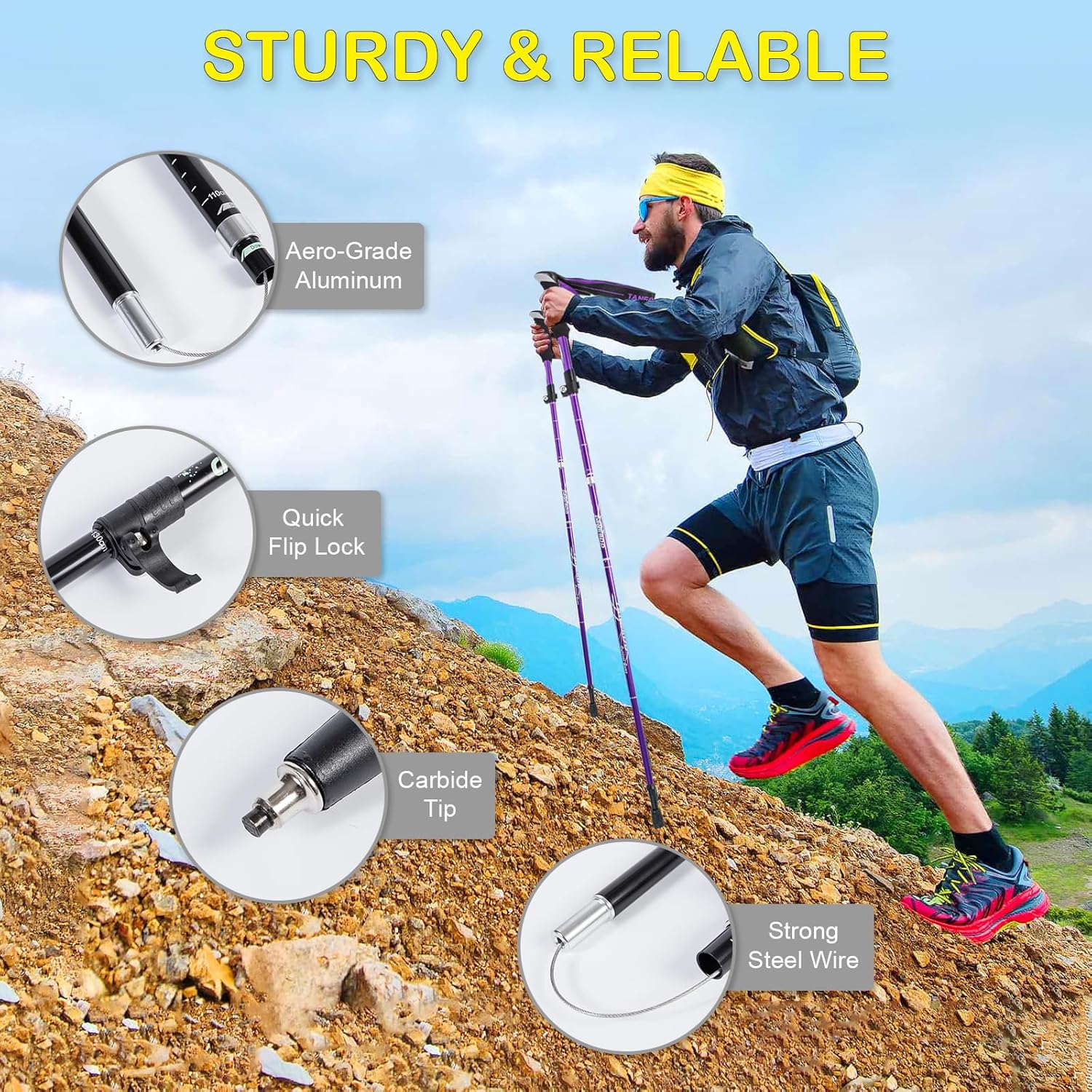 Purple Collapsible Aluminum Hiking Trekking Pole with EVA Foam Handle B6215