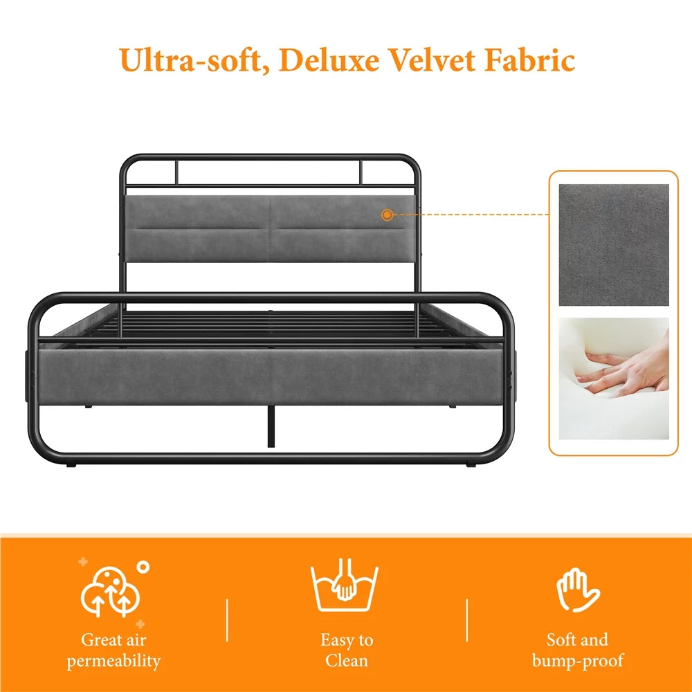 Queen Size Metal Platform Bed with Velvet Upholstered Headboard Dark Gray W98538