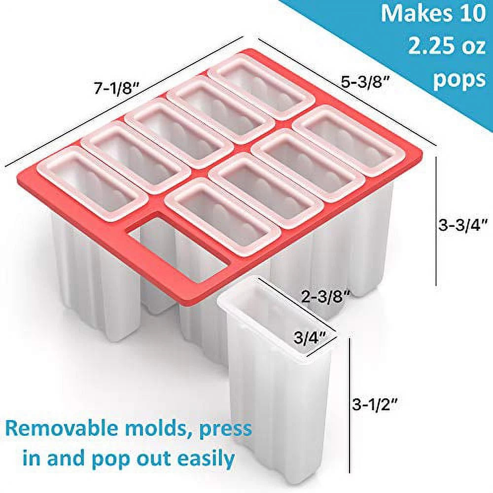 10 Large BPA Free Plastic Popsicle Mold Kit with 50 Wood Sticks and Cleaning Brush D90994