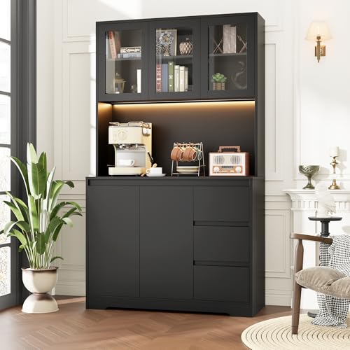 Black 71" Kitchen Pantry Cabinet with LED Lights and Charging Station R267550