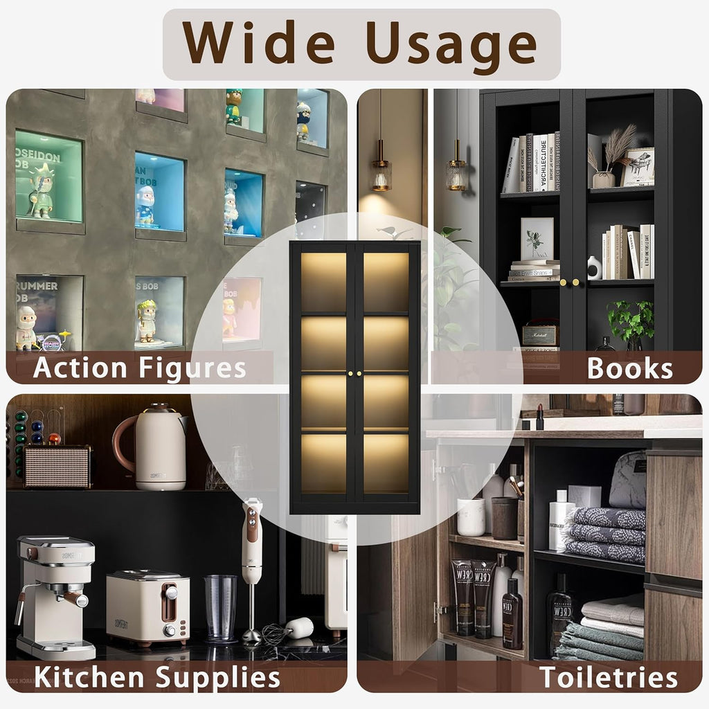 Black Glass Display Cabinet with LED Light and 3 Adjustable Shelves O70489