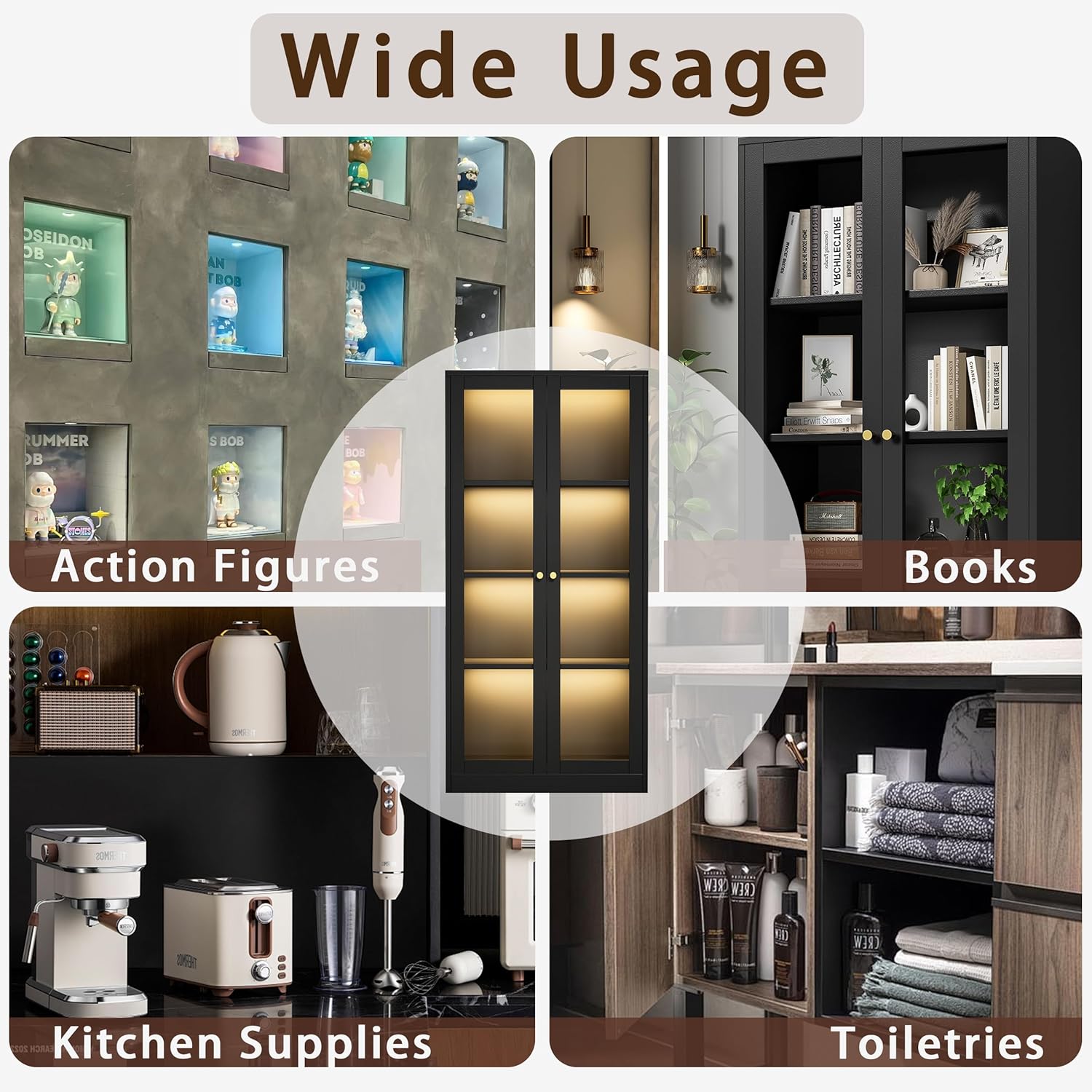 Black Glass Display Cabinet with LED Light and 3 Adjustable Shelves O70489