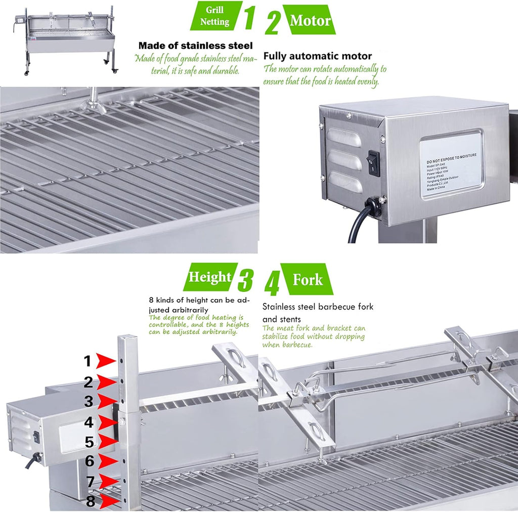 46 Inch Stainless Steel BBQ Charcoal Spit Rotating Grill Roaster D536