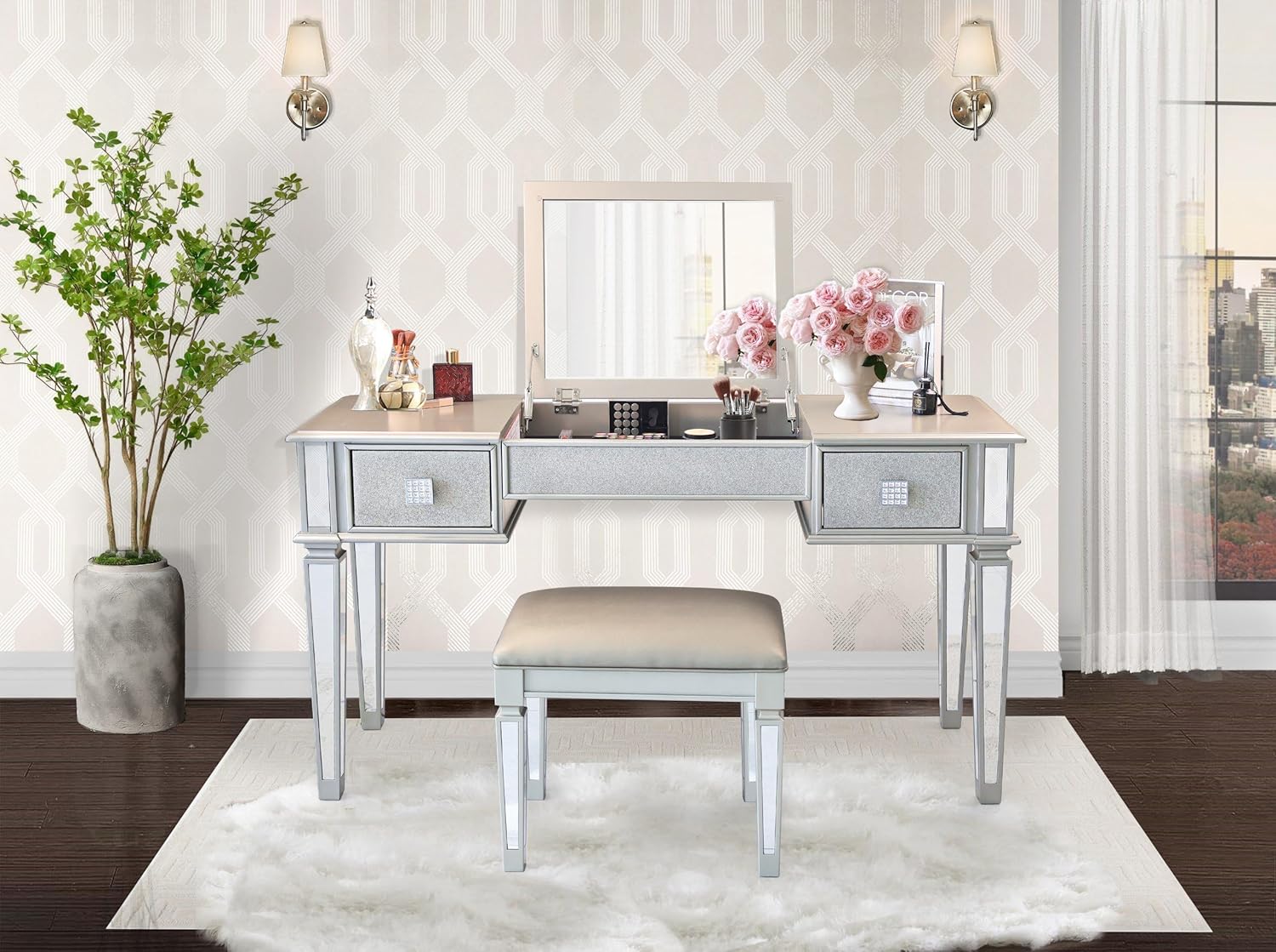 Mirrored Vanity Desk with Drawers and Stool G54363