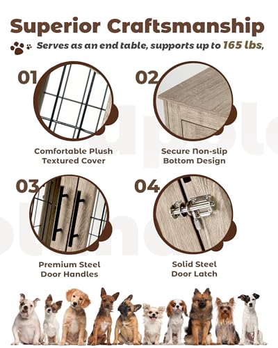 Greige Wooden Dog Crate with Bed Mat I7586