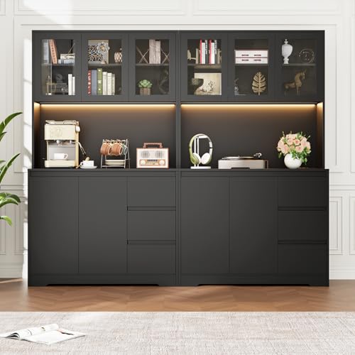 Black 71" Kitchen Pantry Cabinet with LED Lights and Charging Station R267550