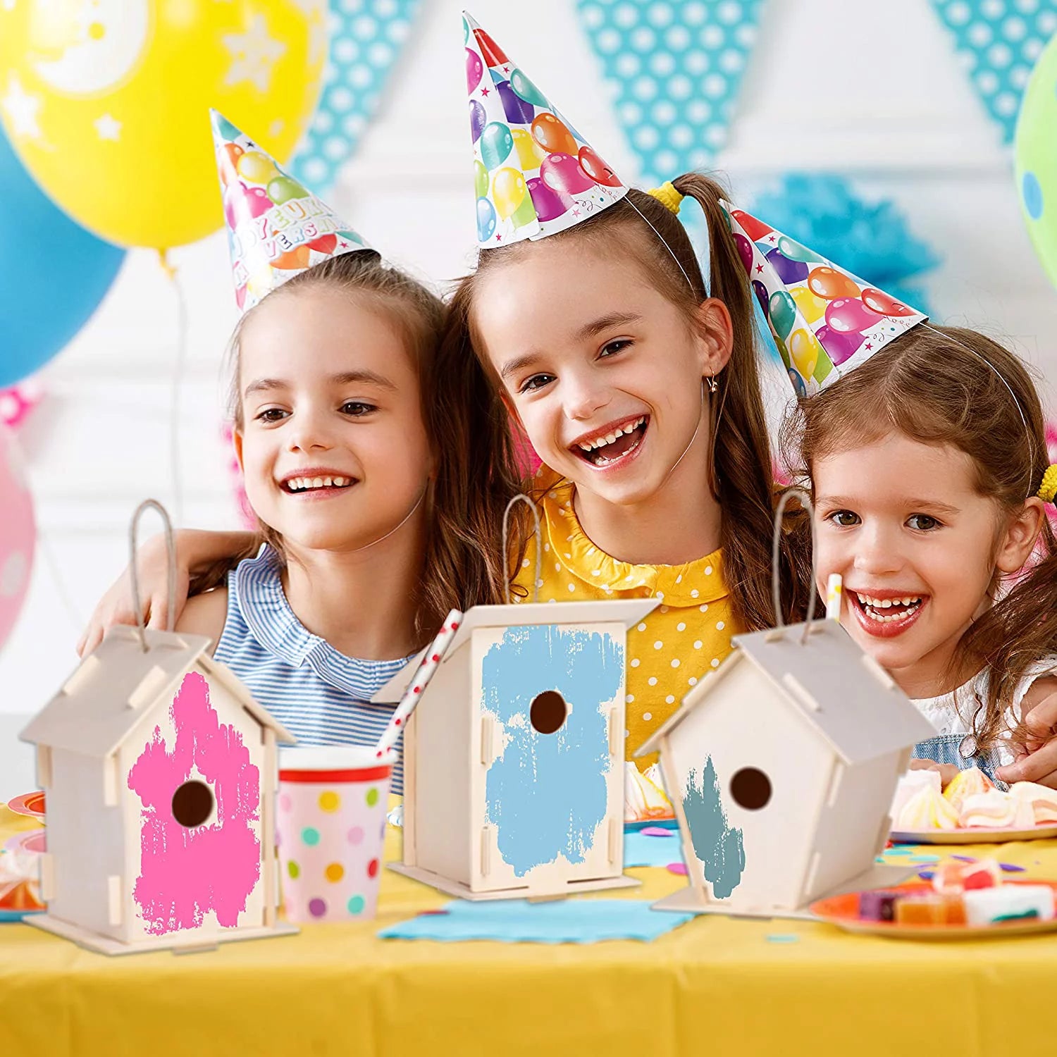 12 Wooden Birdhouse Crafts for Kids with Paint Strips, Paintbrushes & Stickers K97965