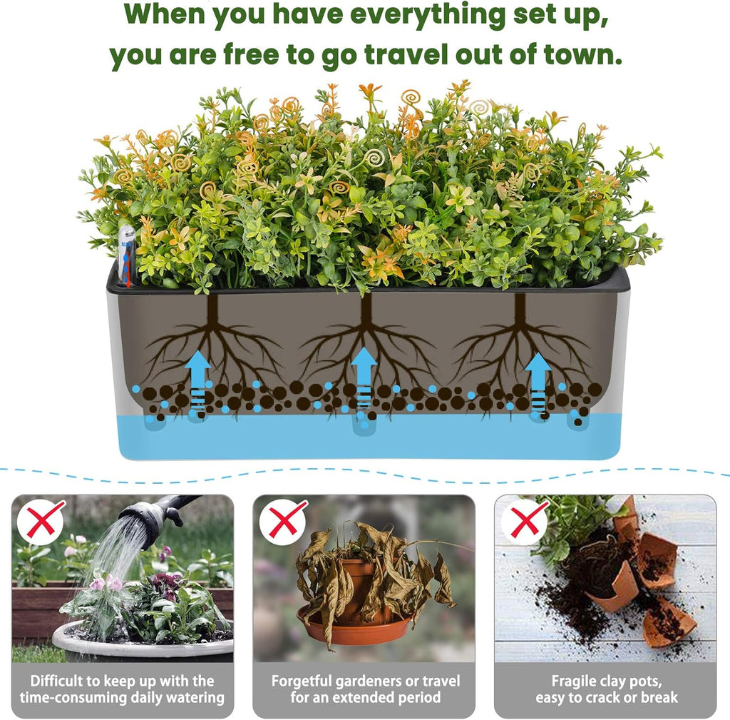 2-Pack Self Watering Rectangular Planters with Water Gauge Indicator B218142