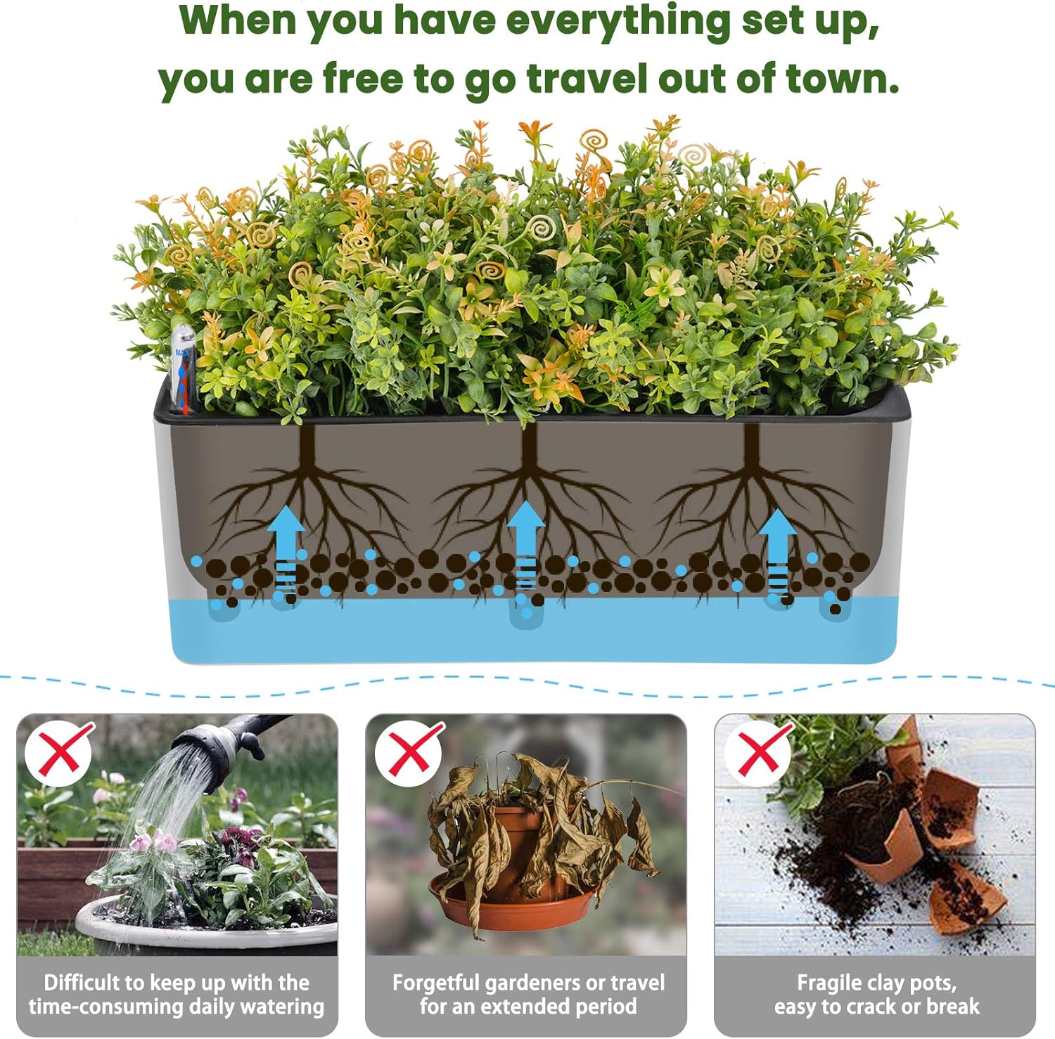 2-Pack Self Watering Rectangular Planters with Water Gauge Indicator B218142