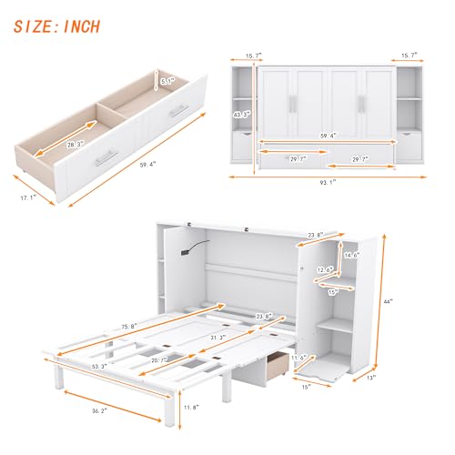 White Queen Size Wood Murphy Bed with Shelves and Storage Drawers U66402