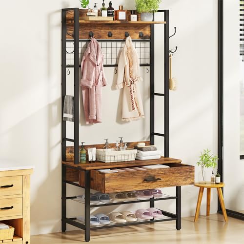 5-in-1 Wood Look Hall Tree with Bench and Shoe Storage, 12 Hooks M84124