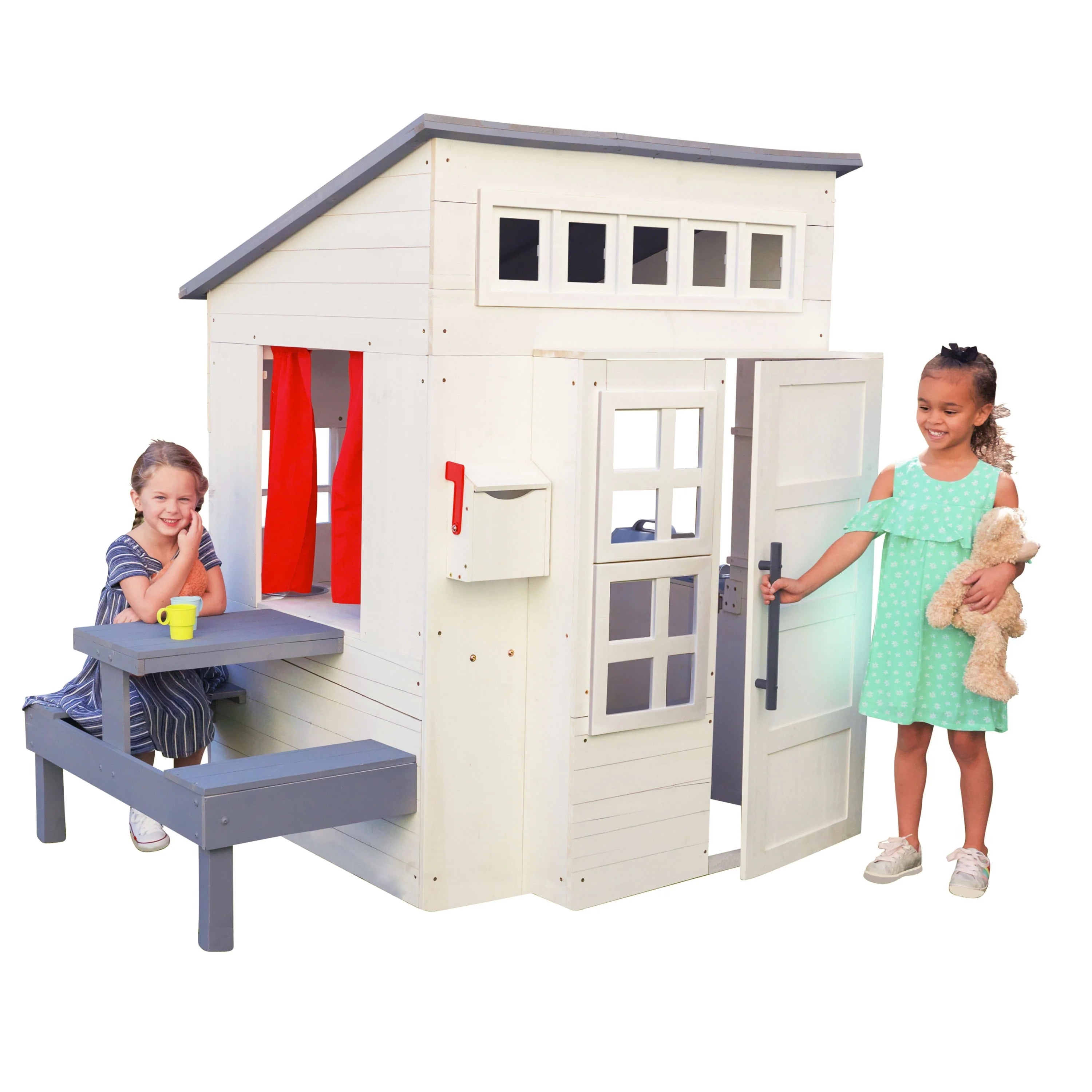 White Wooden Playhouse with Picnic Table, Mailbox & Outdoor Grill R190105
