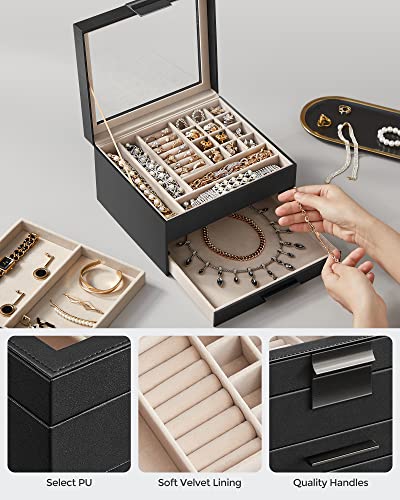 4-Layer Jewelry Organizer with Glass Lid, 3 Drawers, Dove Gray and Gold N186364