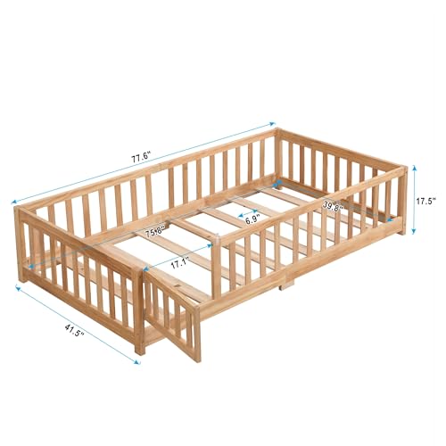 Gray Solid Wood Twin Size Floor Bed with Rails and Slats N23920